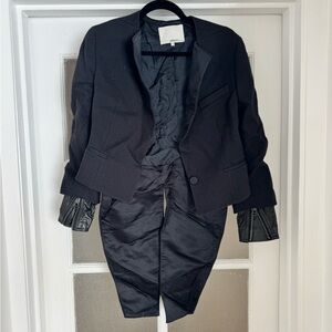 3.1 PHILLIP LIM Size 6 Black Woven Tuxedo Lapel Leather Cuff Tails Jacket